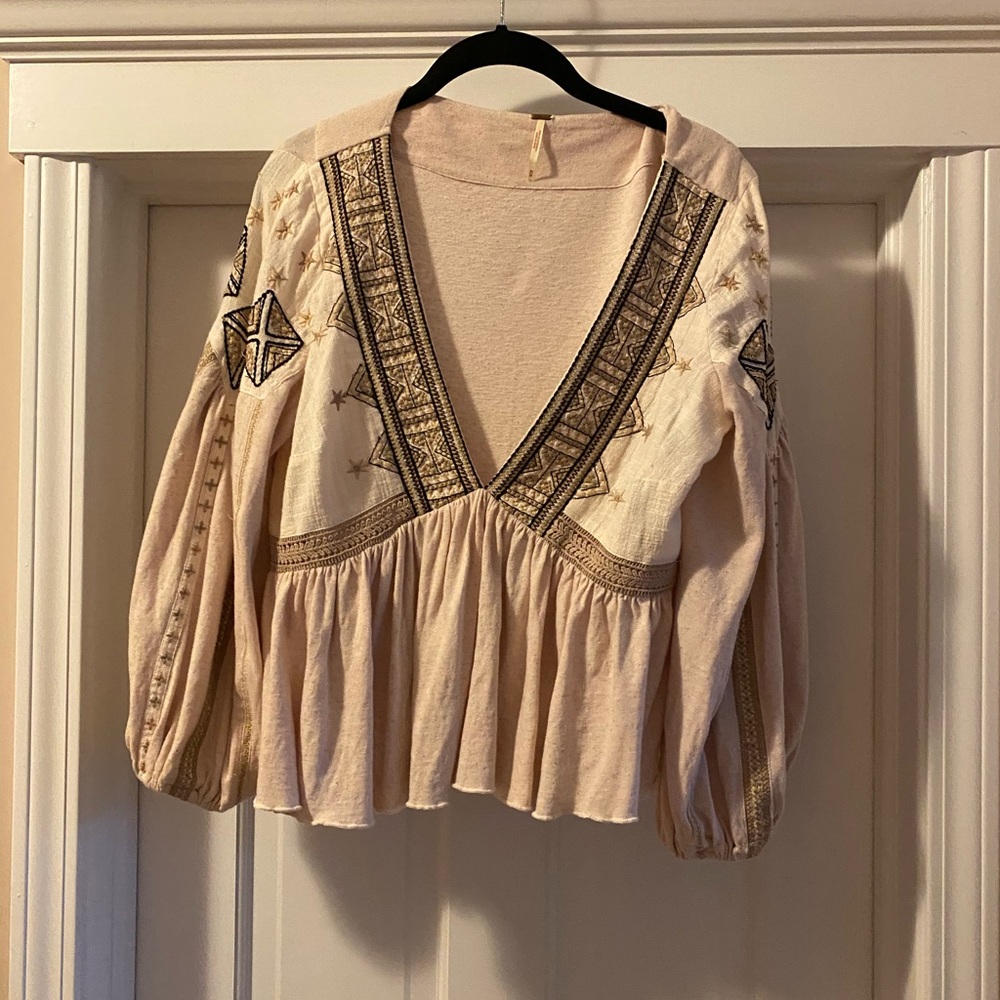 Free People Beige Embroidered Top